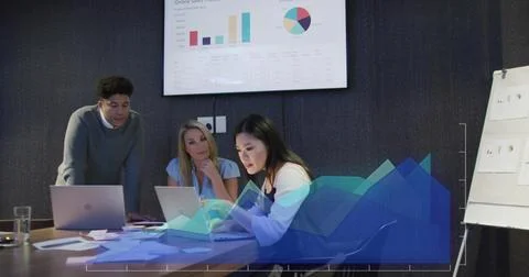Image of financial data processing over diverse business people working in Stock Photos