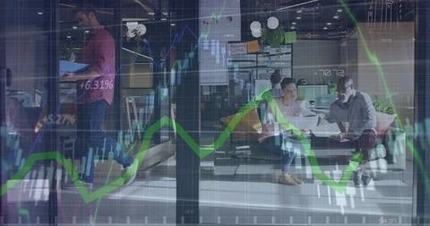 Image of financial data processing over diverse business people Foto stock