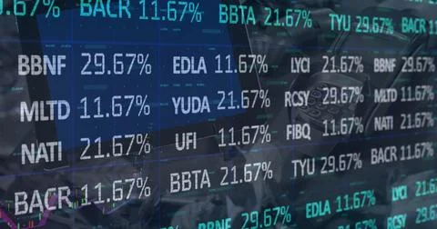 Image of financial data processing over payment terminal Stock Photos