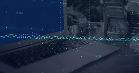 Image of financial data processing over laptop and payment terminal Stock Photos