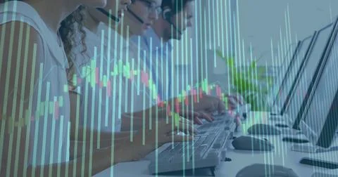 Image of financial data processing over diverse business people 写真素材