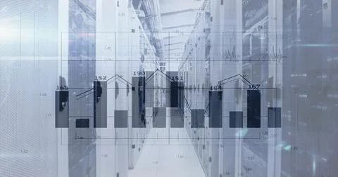 Image of financial data processing over server room Stock Photos