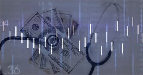 Image of financial data processing over dollars and stethoscope on white 写真素材