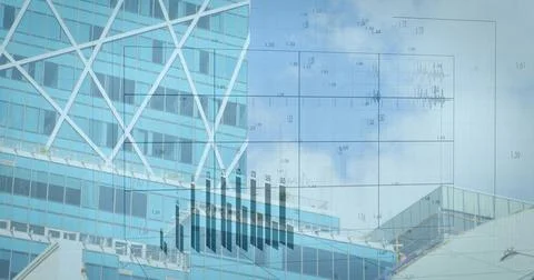 Image of financial data processing over cityscape Foto stock