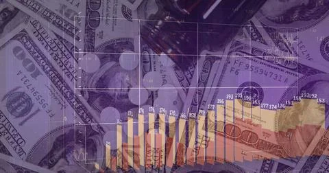 Image of financial data processing over dollars and pills 写真素材