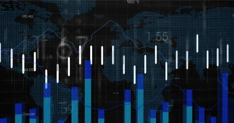 Image of financial data processing over world map on black background Foto stock
