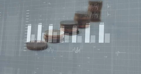 Image of financial data processing over coins on white background Stock-Fotos