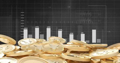 Image of financial data processing over yen coins on black background 写真素材