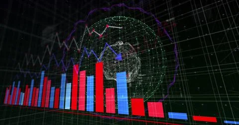 Image of financial data processing over globe on black background 스톡 사진