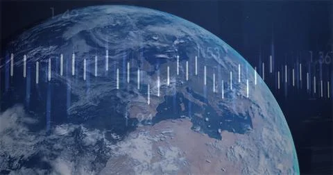 Image of financial data processing over globe on black background Foto stock