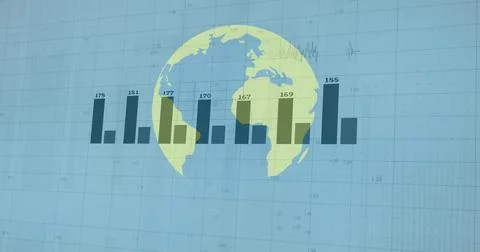 Image of financial data processing over globe on blue background 写真素材