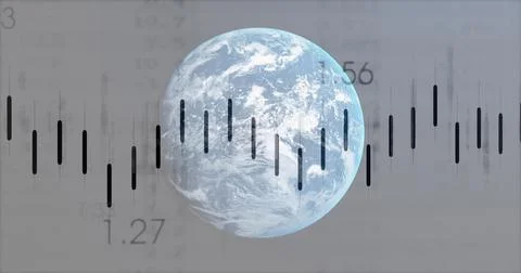 Image of financial data processing over globe on white background 스톡 사진