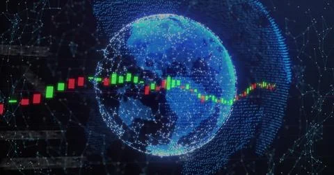 Image of financial data processing over globe on black background Foto stock