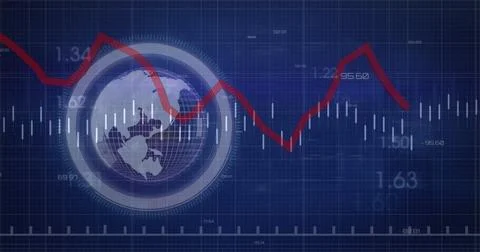 Image of financial data processing over globe on black background Stock Photos