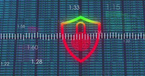 Image of financial data processing over padlock icon on black background 写真素材