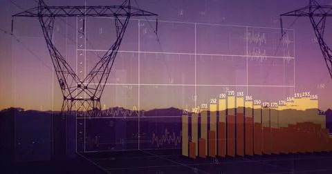 Image of financial data processing over electricity pylons and landscape 写真素材