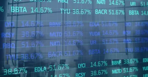 Image of financial data processing over busy office 스톡 사진
