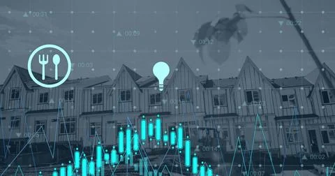 Image of financial data processing over 3d houses Stock Photos
