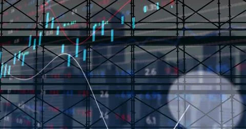 Image of financial data processing over scaffolding Stock Photos