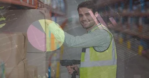 Image of financial data processing over smiling man working in warehouse Stock Photos