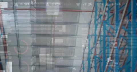 Image of financial data processing over warehouse Foto stock