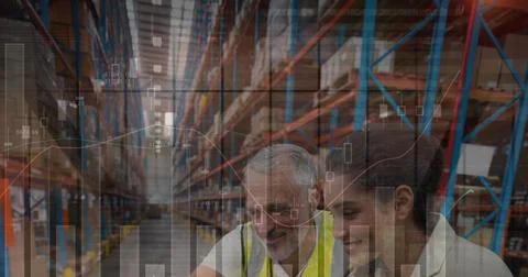 Image of financial data processing over smiling man and woman working in Stock Photos