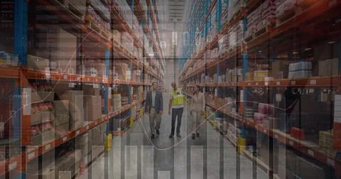 Image of financial data processing over men in warehouse Foto stock