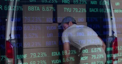 Image of financial data processing over delivery man and van Stock Photos