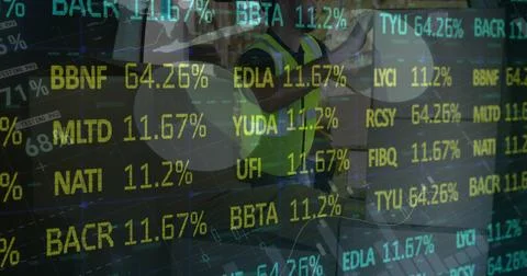 Image of financial data processing over delivery man and van 스톡 사진