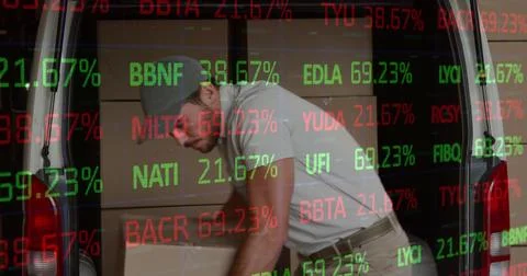 Image of financial data processing over delivery man with cardboard boxes Stock Photos