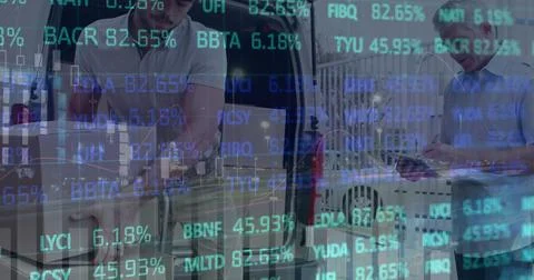 Image of financial data processing over delivery man and van Stock Photos