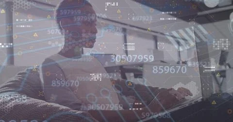 Image of financial data processing over delivery man and van Foto stock