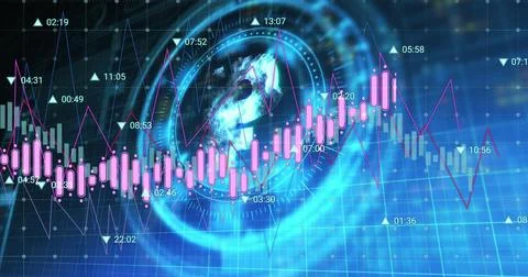 Image of financial data processing over scope scanning with pound symbol on Stock Photos
