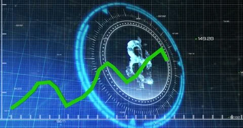 Image of financial data processing over scope scanning with bitcoin symbol on Foto stock