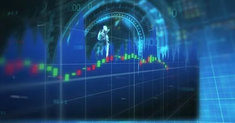 Image of financial data processing over scope scanning with euro symbol on black Foto stock