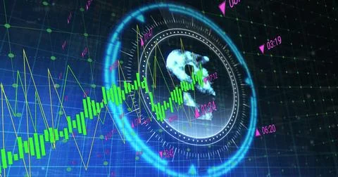 Image of financial data processing over scope scanning with pound symbol on Stock Photos