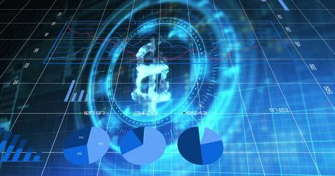 Image of financial data processing over scope scanning with bitcoin symbol on Foto stock