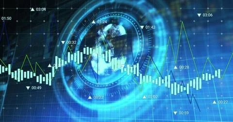 Image of financial data processing over scope scanning with euro symbol on black Foto stock