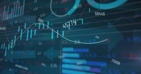 Image of financial data processing over arrows Foto stock