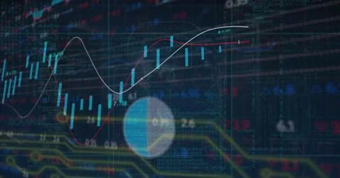 Image of financial data processing over computer circuit board Stock Photos
