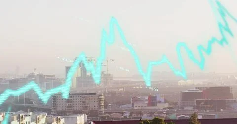 Image of financial data processing over cityscape Stockfoto's