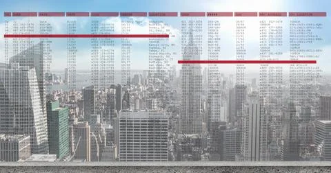 Image of financial data processing over cityscape Foto stock