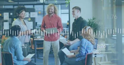 Image of financial data processing over diverse business people having meeting Stock Photos