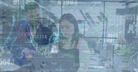 Image of financial data processing over delivery man getting out of car outside Stock Photos