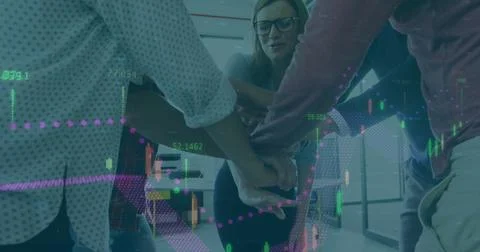 Image of financial data processing over office colleagues stacking hands Stock Photos
