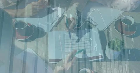 Image of financial data processing over office colleagues checking documents Stock Photos