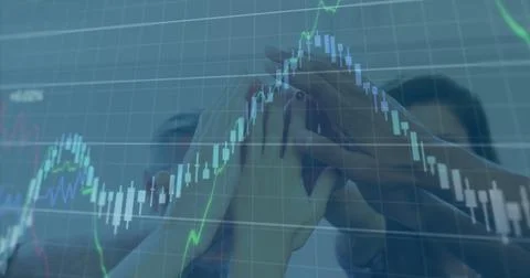 Image of financial data processing over office colleagues stacking hands Stock Photos