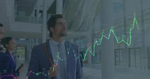 Image of financial data processing over businessman in airport Stock Photos