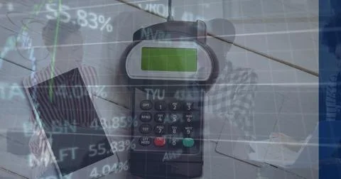 Image of financial data processing over delivery man and van Foto stock