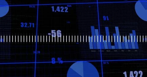 Image of financial data processing over grid on black backgorund Stock Photos